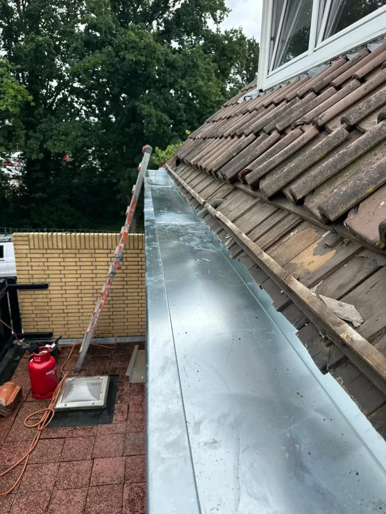 Nieuwe zinken dakgoot langs een pannendak, met een gasfles op het dakterras in Bentveld