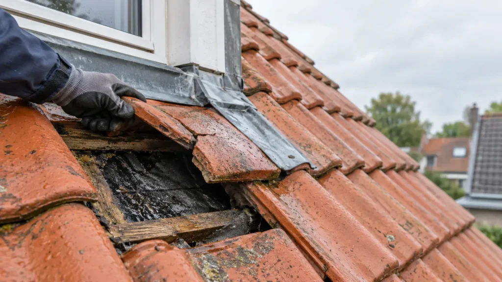Hand in werkhandschoen tilt een gebroken dakpan op, eronder natte en verrotte panlatten in Castricum