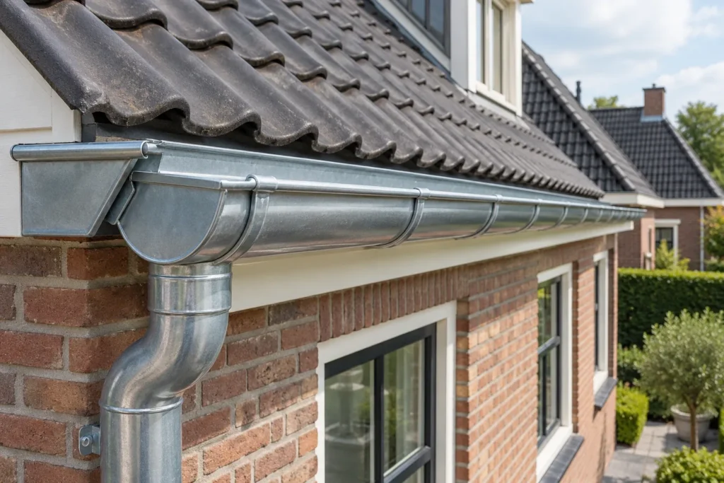 Nieuwe zinken dakgoot met regenpijp aan een bakstenen woning met donkere dakpannen in Westzaan