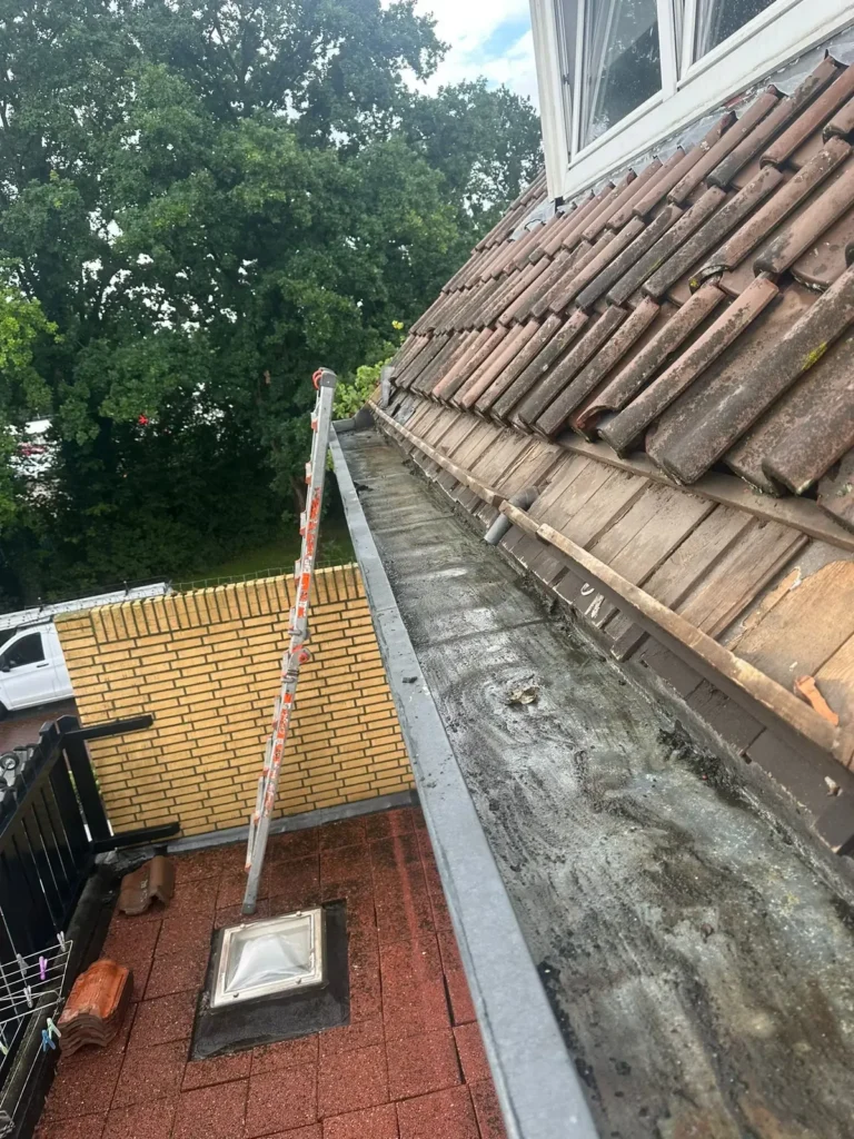 Versleten dakgoot langs een pannendak boven een dakterras met lichtkoepel in Krommenie