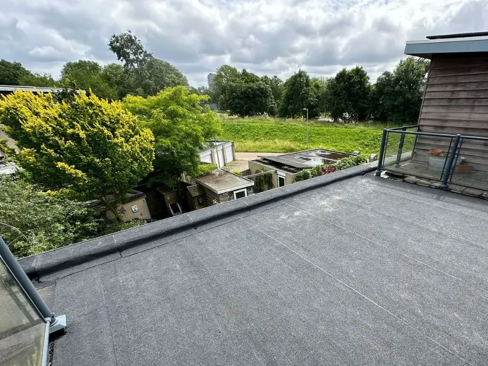 Plat dak met bitumen dakbedekking en uitzicht op bomen en een grasveld in Westzaan