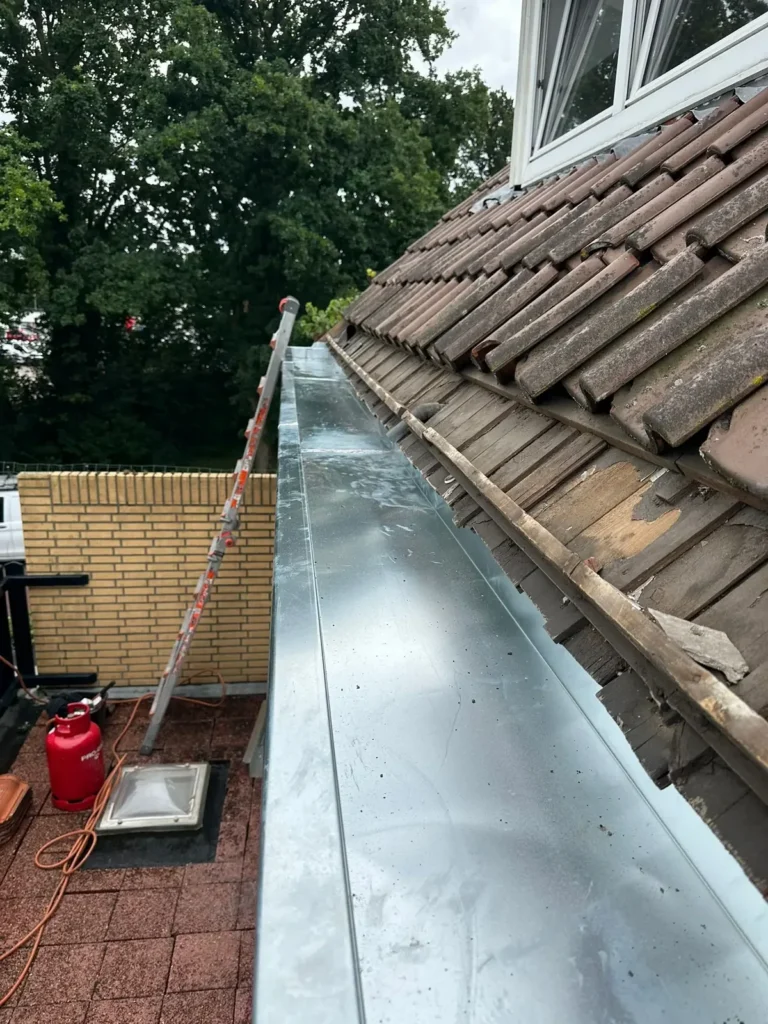 Glanzende nieuwe zinken dakgoot onder de onderste rij dakpannen in Westzaan
