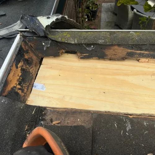 Nieuwe multiplexplaat in de hoek van een plat dak na het verwijderen van rot hout in Akersloot