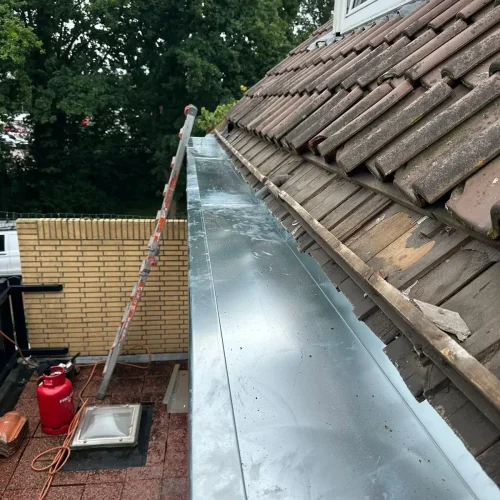 Nieuwe zinken dakgoot langs een pannendak, met een gasfles op het dakterras in Bentveld