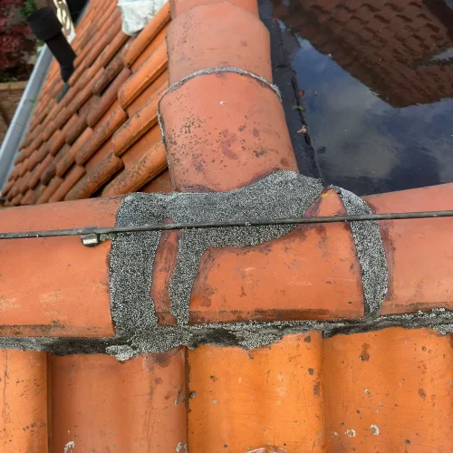 Herstelde nokvorsten op de hoek van een rood pannendak in Beverwijk